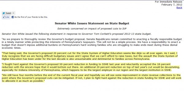 Sen. Don White Reacts to Corbett Budget Proposal